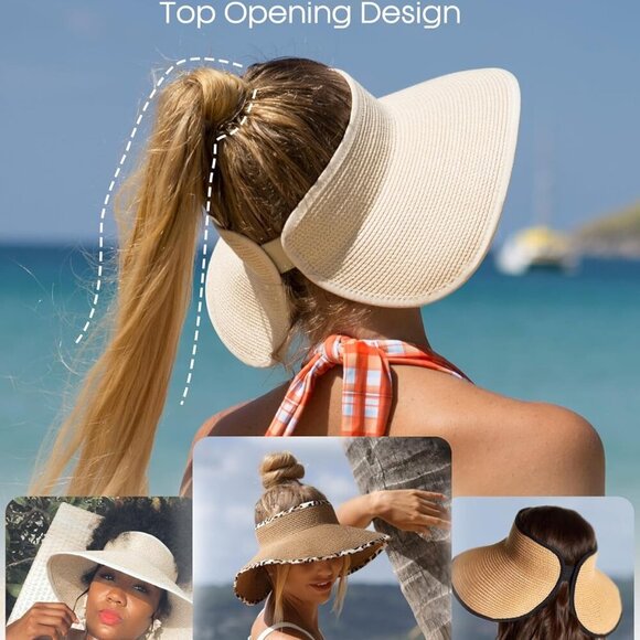 Sun Visor Hats for Women Wide Brim Straw Ponytail Summer Beach Hat UV UPF Packab - Picture 3 of 8